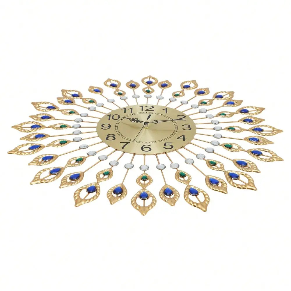 Wall Clock For Living Room Decor,Crystal Peacock Wall Clocks Modern Design 3D Clocks For Decor Large Round Metal Silen