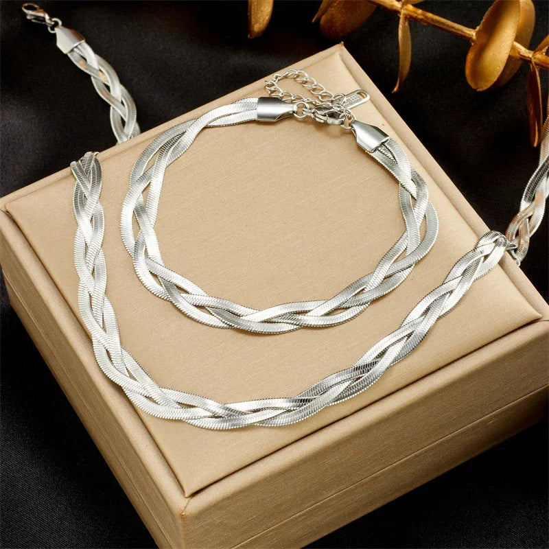 316L Stainless Steel  Crossover Snake Chain Necklace Bracelets For Women Girl New Fashion Waterproof Jewelry Set. Party Gifts