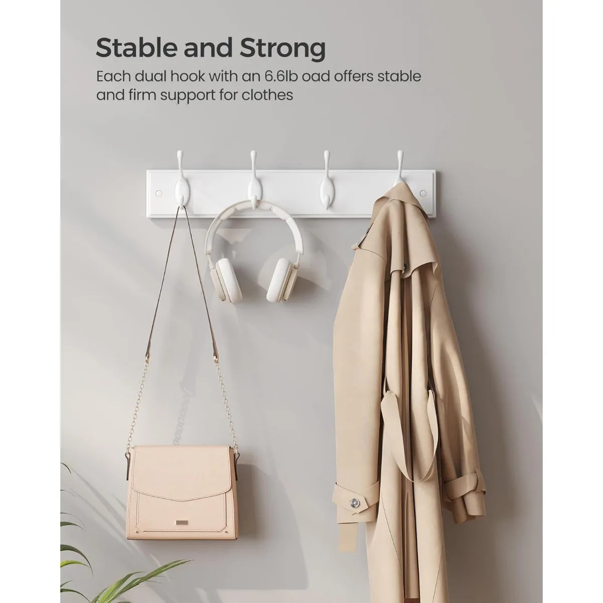 Wall Mounted Coat Rack with 4 Dual Metal Hooks for Entryway Bedroom Living Room Storage White