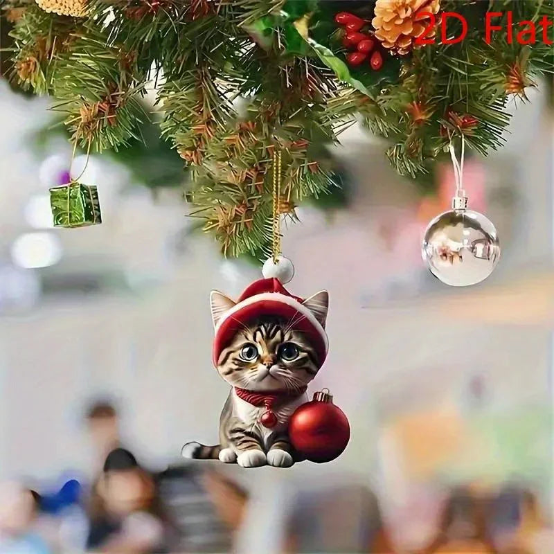 2D  6Pcs Cat Christmas Ornaments - Acrylic Festive Kitty Decor with Santa Hats