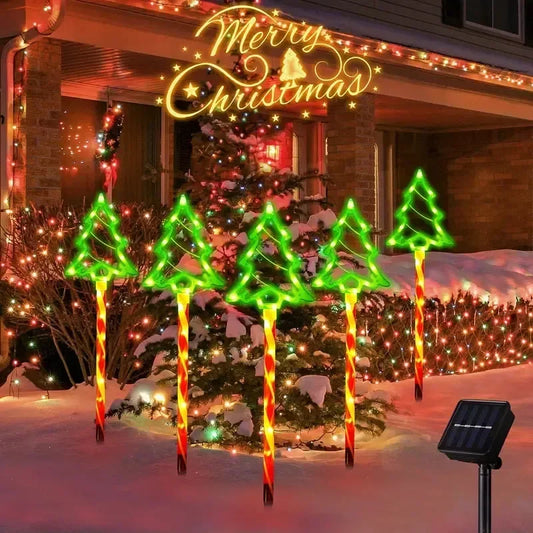 5PCS Solar Christmas Tree Ground Lights Holiday Decorative Lamps Outdoor Waterproof Floor Mounted Light String For Garden Party