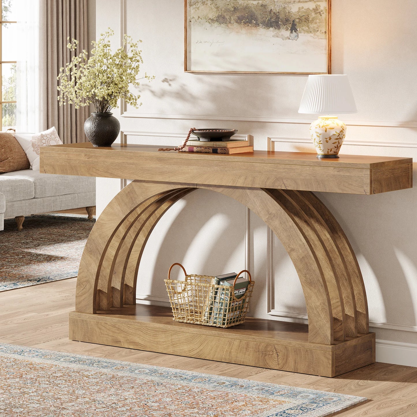 LITTLE TREE 63-Inch Entryway Table, 2-Tier Sofa Table Behind The Couch, Farmhouse Narrow Unique Arched Console for Hallway