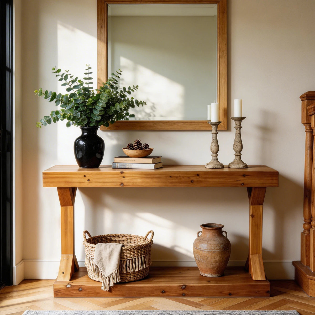 120cm Farmhouse Console Table With Shelf Solid Fir Wood Entryway Sofa Table