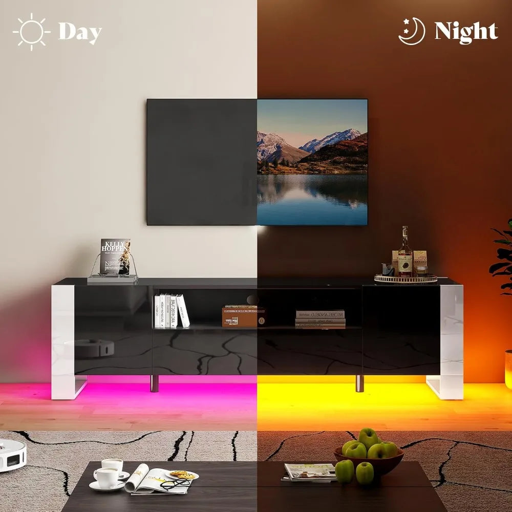 70 inch TV Stands with LED Lights, High Gloss TV Console Modern Entertainment Center with 2 Cabinet Storage Drawer