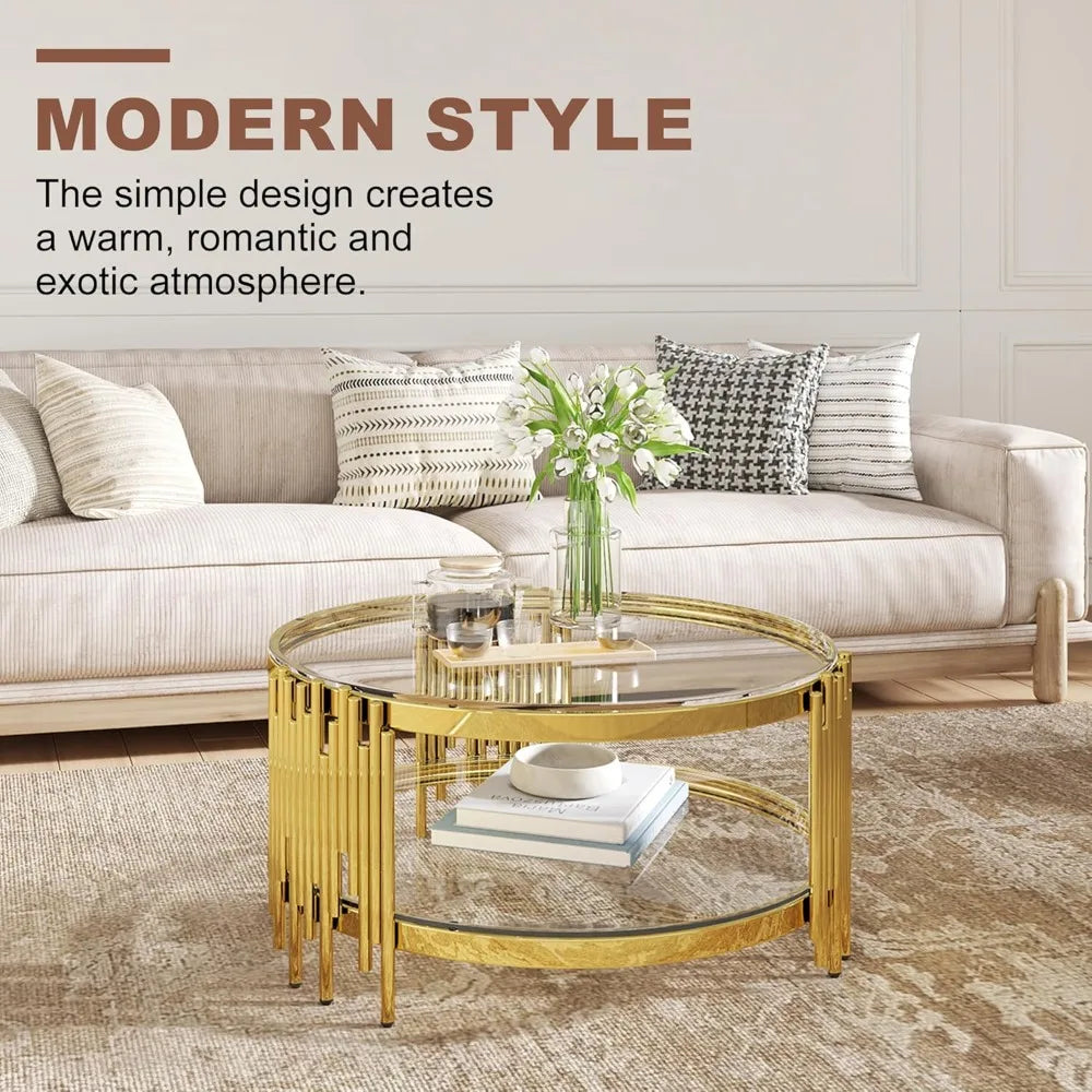 2-Tier Glass Coffee Table for Living Room, 35 inch Round Center Table with Tempered Glass Top and Stainless Steel Frame for Apar