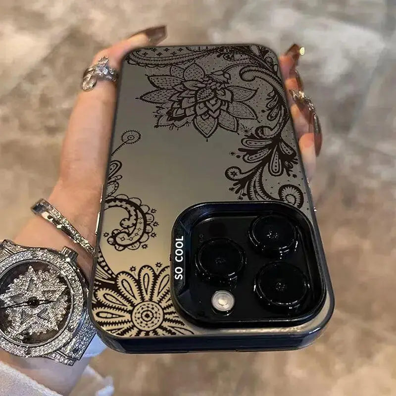 Luxury Lace Florals Pattern Case for IPhone 16 Pro Max 15 Pro 14Plus 13 12 11 Shockproof Anti-slip Hard Phone Protective Cover
