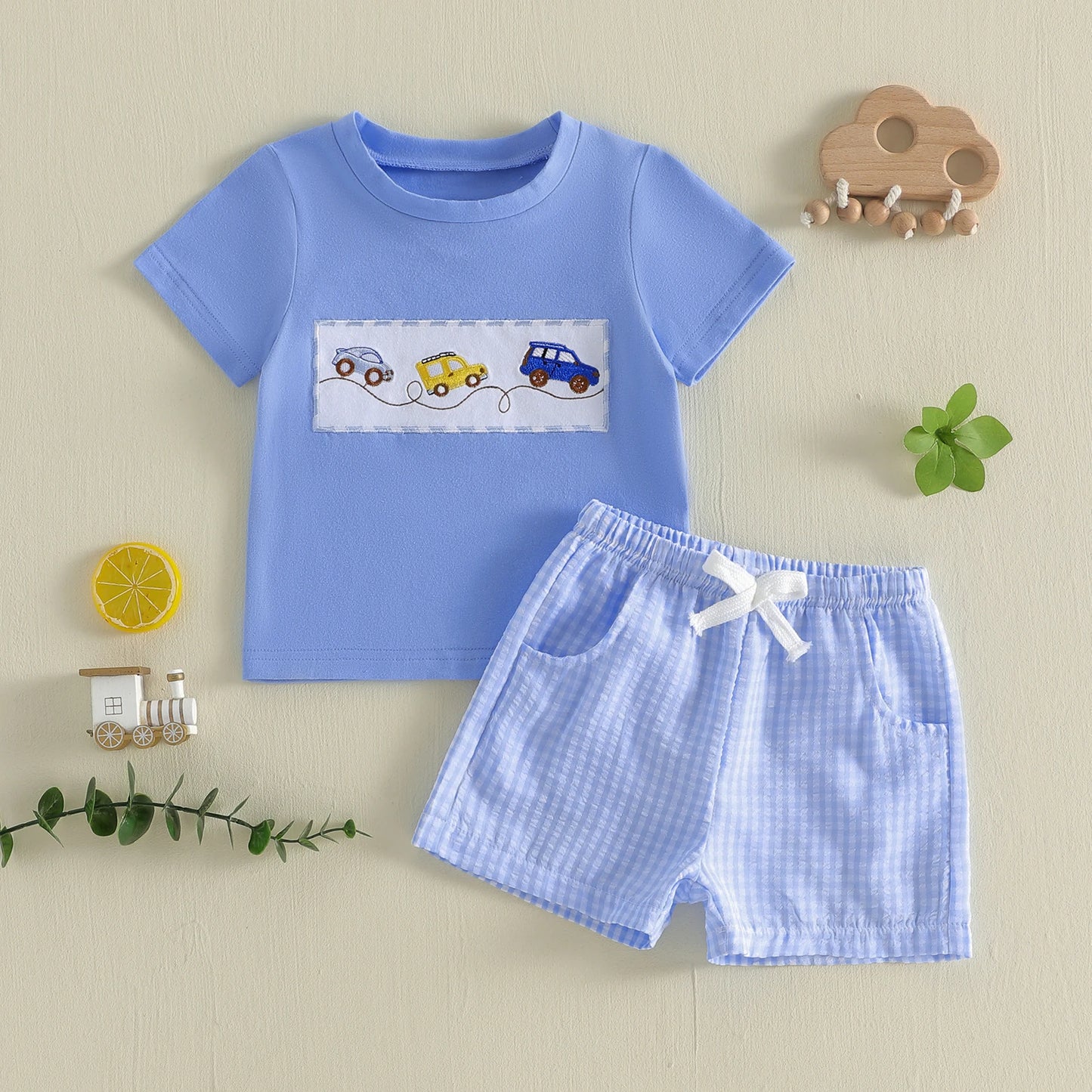 Boys Summer Outfit Set with Short Sleeve Car Embroidered O Neck Top and Plaid Shorts for a Stylish Look