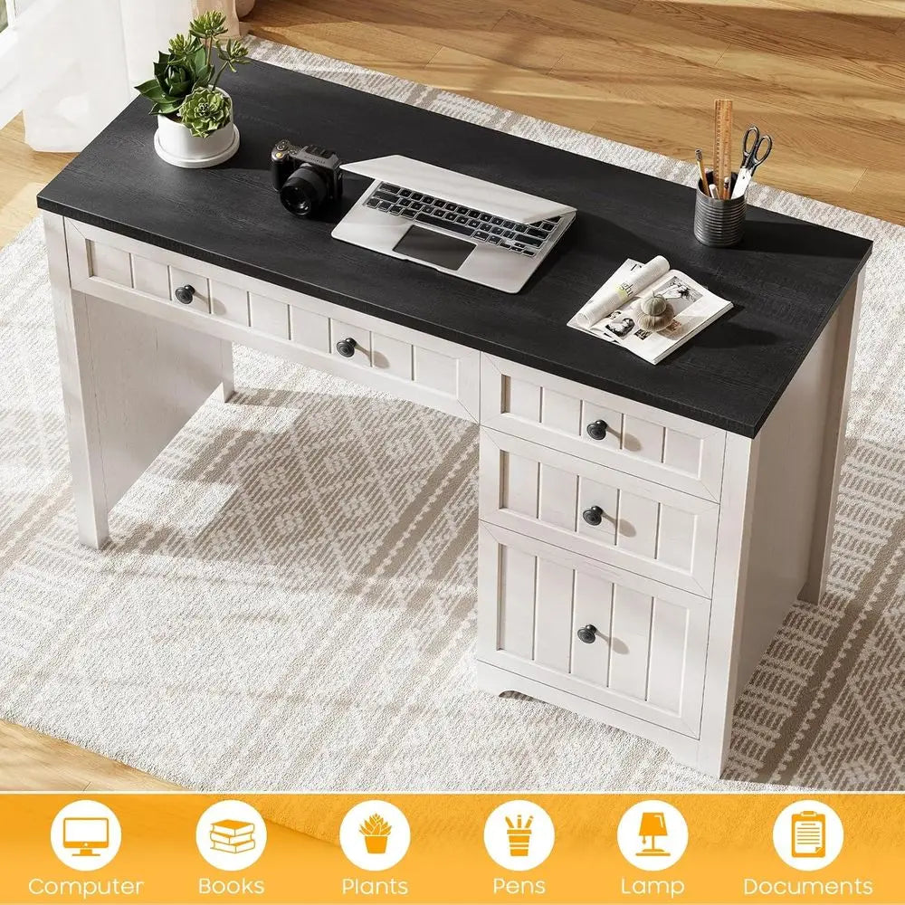 Modern Executive Desk with 4 Drawers, Home Office Desk with 1 Drawer, Wooden Computer Desk with Storage, Rustic Office Desk for