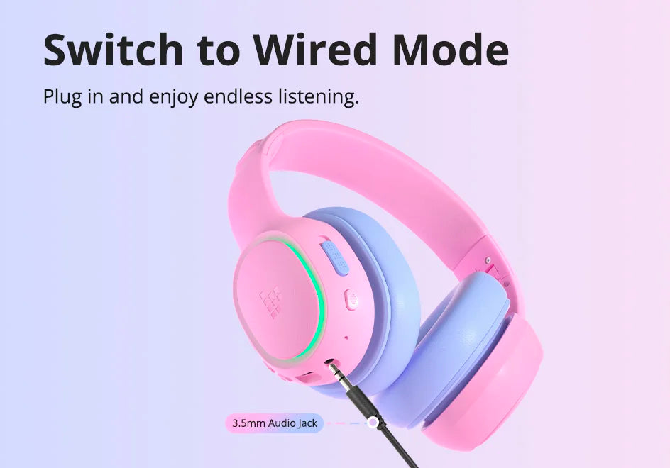Tronsmart KH03 Active Noise Cancelling Kids Headphones, Foldable Bluetooth Headset with HD Mic for Class Clarity, Soft Protein Earpads, 7-Color LED, Safe Volume Limit, 70H Battery for Travel/Study