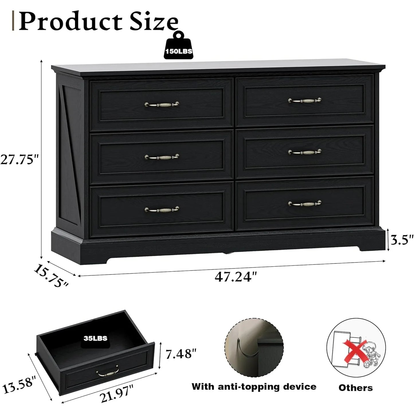 Farmhouse 6 Drawers Dresser for Bedroom, 48" Wide Modern Chest of Drawers with Deep Drawers & Bar Handles,