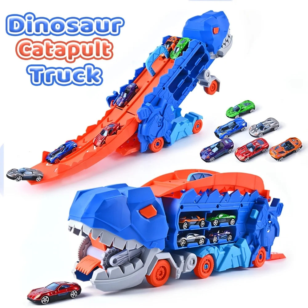 Toddler Truck Toy with Folding Dinosaur Track & 8 Race Cars, Portable Vehicle Play Set, Ideal Gift for Kids Age 3+