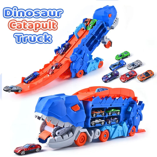 Toddler Truck Toy with Folding Dinosaur Track & 8 Race Cars, Portable Vehicle Play Set, Ideal Gift for Kids Age 3+