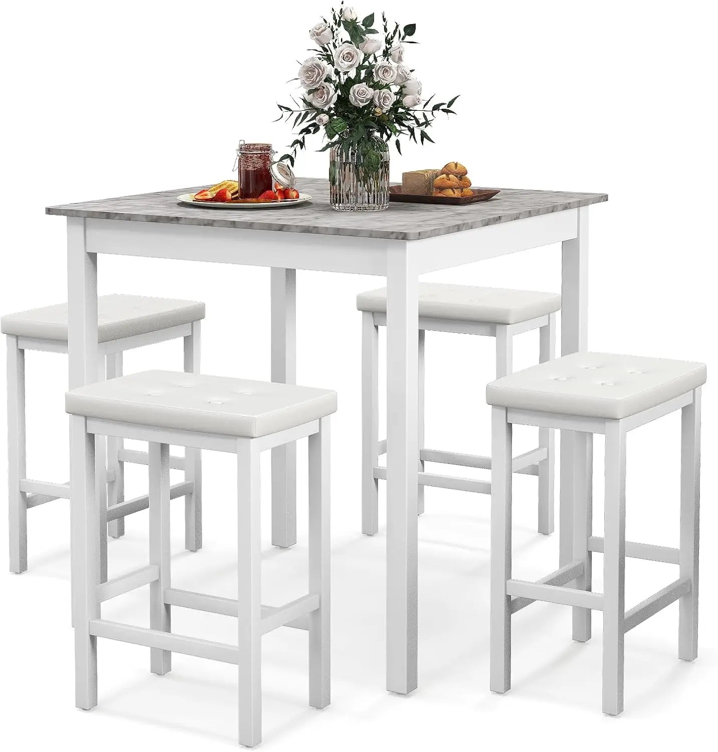 Counter Height Dining Table Set For 4, Space Saving Kitchen Table With 4 Padded Bar Stools, Elegant Faux Marble Breakfast Nook Table Set for Apartments Dining Room, White