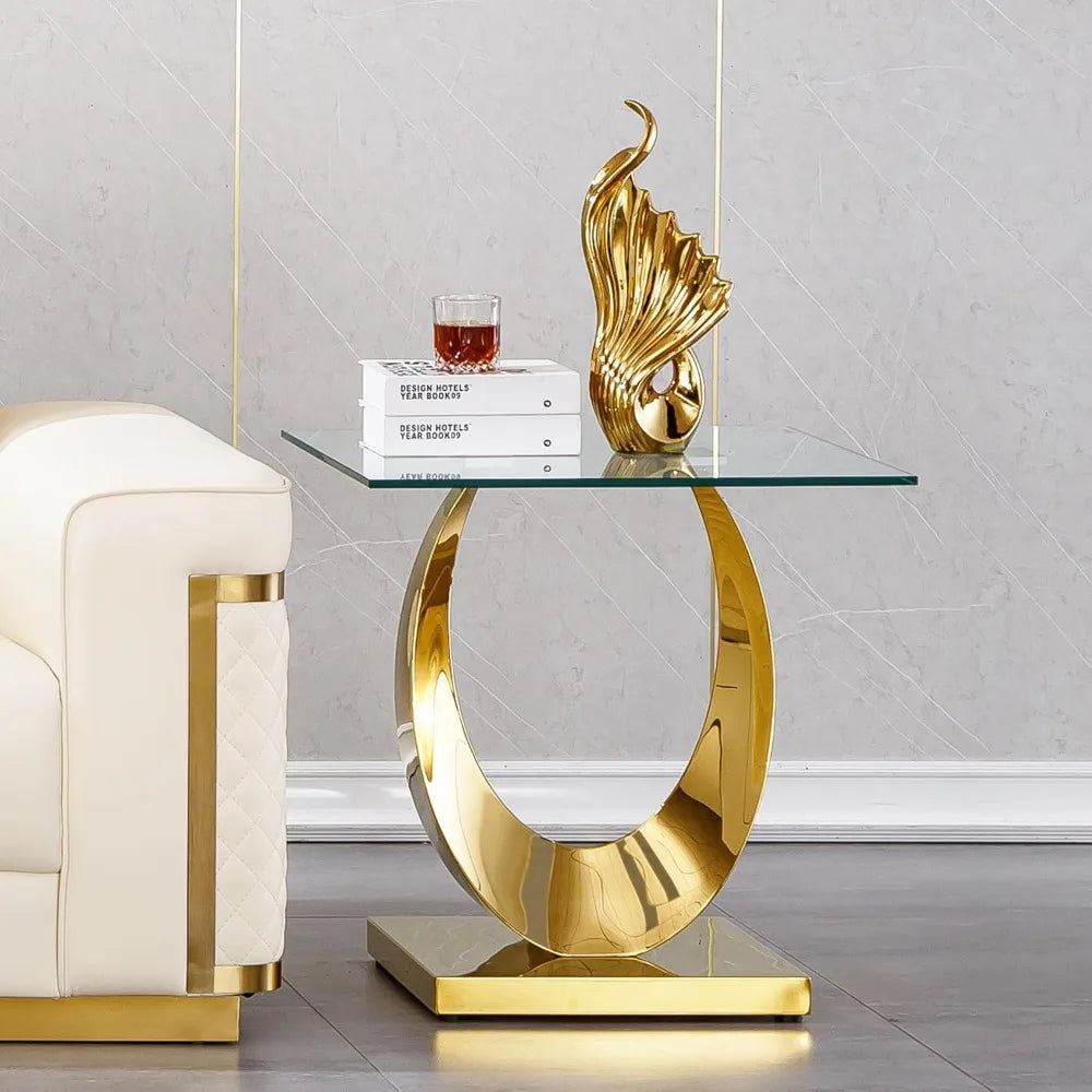 1 Piece Living Room End Table Luxury Glass Side Table, Modern Gold End Table with Half Moon-Shape Stainless Steel Pedestal