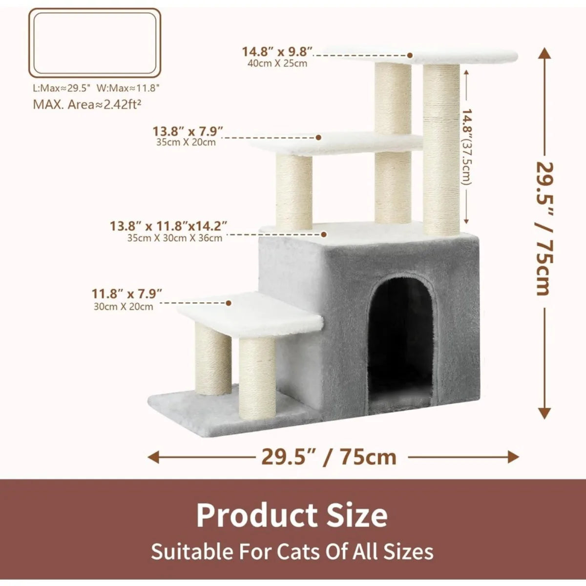 Pet Stairs for Cats and Small Dogs 29.5 inch High Steps with Condo Cave and Sisal Scratchers for Indoor Use