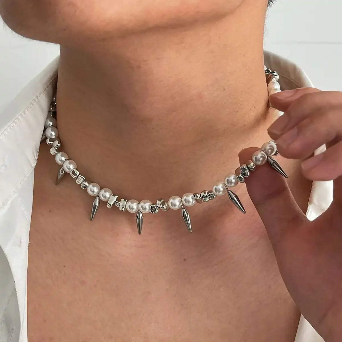 Ingemark Hip Hop Stainless Steel Imitation Pearl Chain Necklace for Men Trend 2025 Goth Rivet Pendant Choker Grunge Jewelry Gift