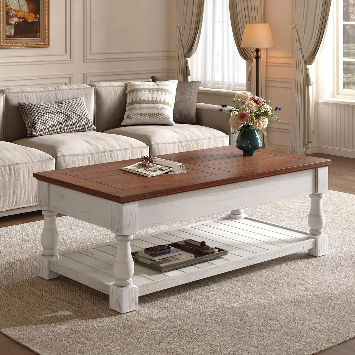 Lift Top Coffee Table With Hidden Storage Open Shelf Walnut Brown