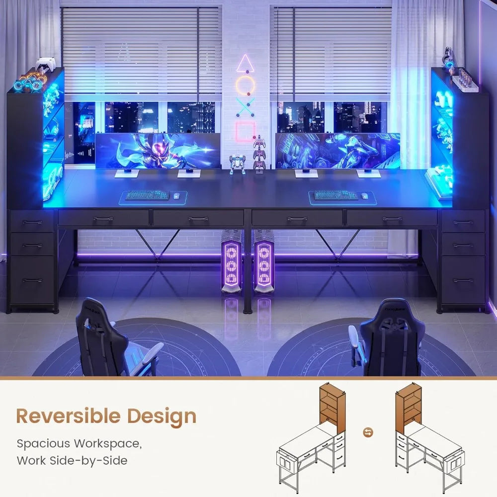 Computer Gaming Desk with 5 Drawers and Bookshelf, Reversible Home Office Desk with Storage Shelves and File Drawer, Corner Des