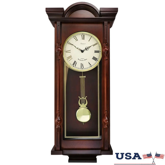 Elegant 31 Inch Analog Chiming Pendulum Wall Clock with Decorative Carved Accents and Harmonic Chimes Home Decor