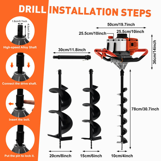 2cc 2-Stroke Petrol Earth Auger Post Hole Borer Ground Drill + 3 Auger Bits