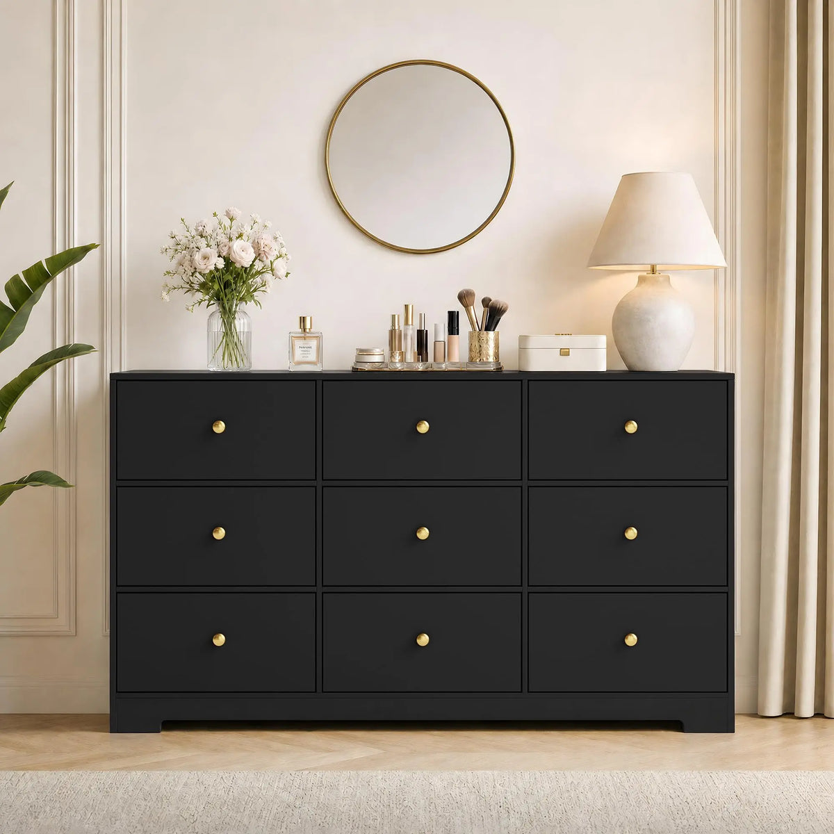 57 Inch 9 Drawer Modern Wood Dresser With Gold Handles For Bedroom