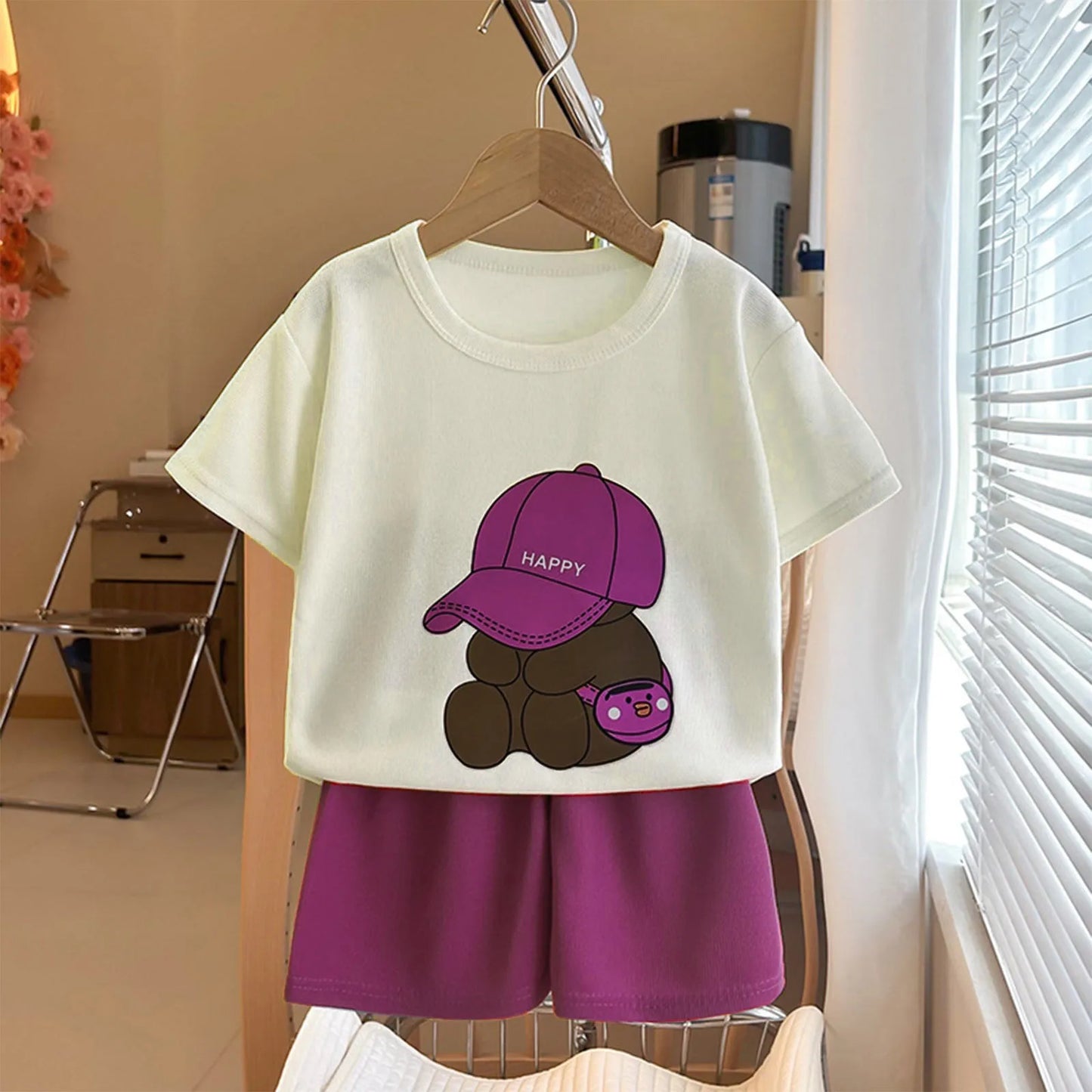 Children Boys 2pcs Tracksuits Cotton Bear Printed Short Sleeves+Shorts Kids Boys Outfits Loose Round Collar Little Boys Tee Suit