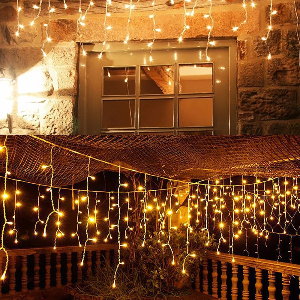 Solar Icicle Curtain Lights Outdoor Waterproof Eaves Light String  8 LIghting Modes 2025 Garden New Year Ramadan Decoration