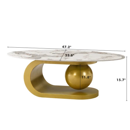 Modern Oval Coffee Table With Marble Pattern Sintered Stone Top Gold Base