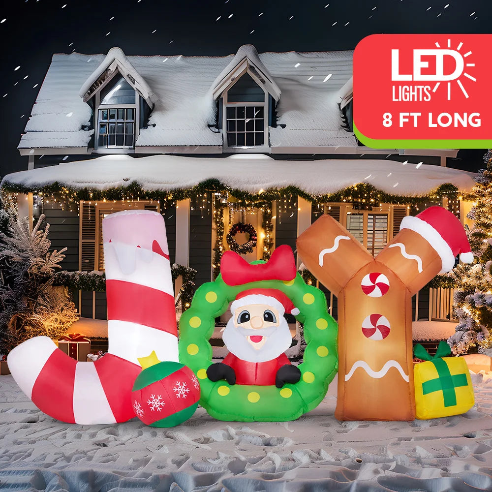 8 FT Long Christmas Inflatable Decoration Blow Up Joy with Santa with Build-in LEDs for Xmas Party Decor Christmas Gift
