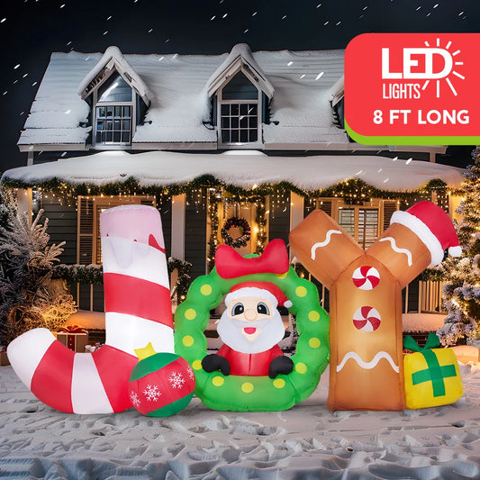 8 FT Long Christmas Inflatable Decoration Blow Up Joy with Santa with Build-in LEDs for Xmas Party Decor Christmas Gift