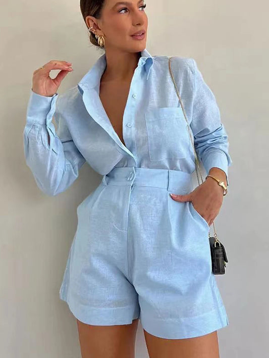 Women's Summer Elegant Two-Piece Set, Long Sleeved Lapel Shirt and Slim Fit Shorts, Comfortable Fit, Essential Summer Outfit