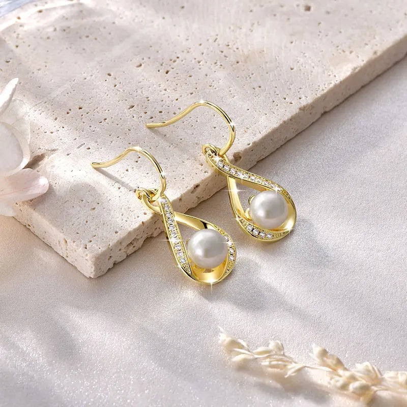 OXTAO Infinity D Moissanite Dangle Hook Earrings for Women 8mm Natural Freshwater Pearl Earrings Wedding Jewelry Gift 14K Gold Filled
