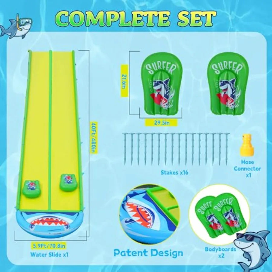 Outdoor backyard lawn slip and slide for kids teens adults, heavy duty PVC, blue, 40×6.56FT with 3-way sprinkler and 2 boards