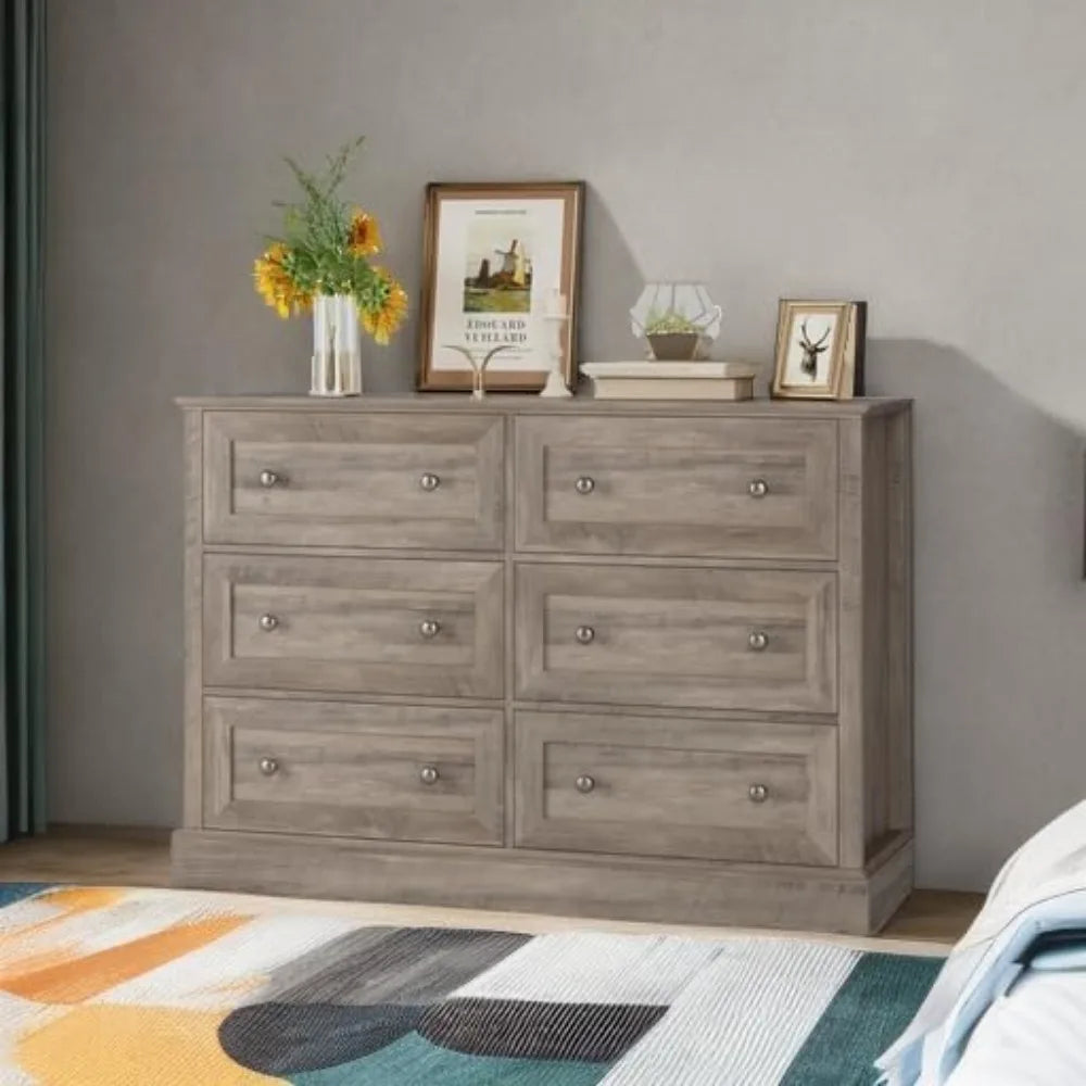 Modern 6 Drawer Double Dresser, Wood Dresser Chest, Wide Chest of Drawers with Deep Drawers & Mental Double Handles for Hallway