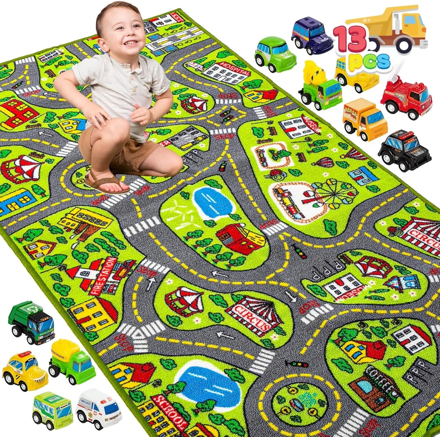 JOYFY Carpet Playmat w/ 12 Cars Pull-Back Vehicle Set for Kids Age 3+ Jumbo Play Room Rug City Pretend Play Multiple Color