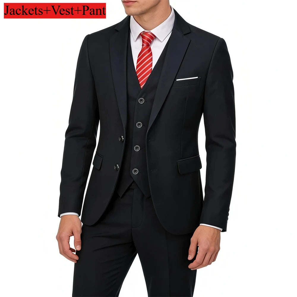 Men's Suit 3 Pieces Set Solid Color Slim Fit Business Leisure Banquet Wedding Groom Dress Jacket Vest with Pants