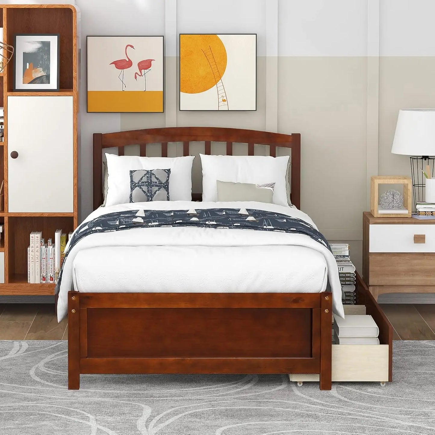 Twin Wood Platform Bed Frame with Storage Drawers Headboard Walnut, Customized