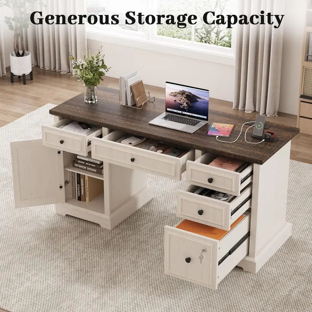 59 Modern Executive Desk with Drawers, Lockable File Cabinet, Storage, and Power Outlet for Home Office (White)