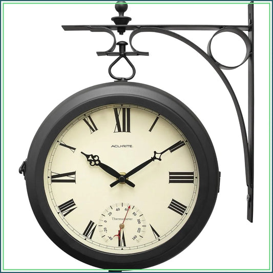 Double-Sided Indoor/Outdoor Hanging Clock with Thermometer, 360° Spin, Silent Quartz Movement, Black Metal Frame