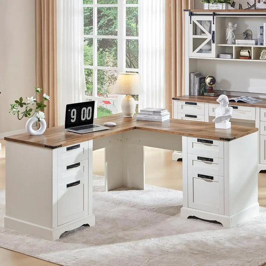 60" Farmhouse L Shaped Executive Desk Wood Home Office Corner Desk  File Drawer, Storage Cabinet, Rustic Computer Writing Desk