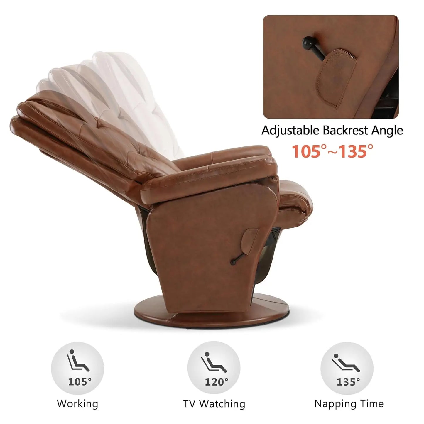 Swivel Glider Recliner Chair with Ottoman, Adjustable Back Faux Leather Lounge, Living Room Bedroom, Brown, Customized