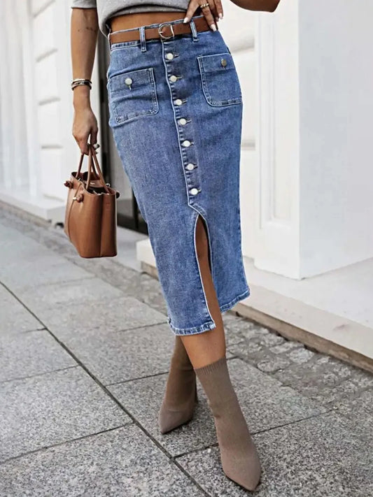 Women's Elegant Slit Front Button Denim Skirt, Fashionable and Casual Versatile Denim Skirt, Suitable for Spring and Summer