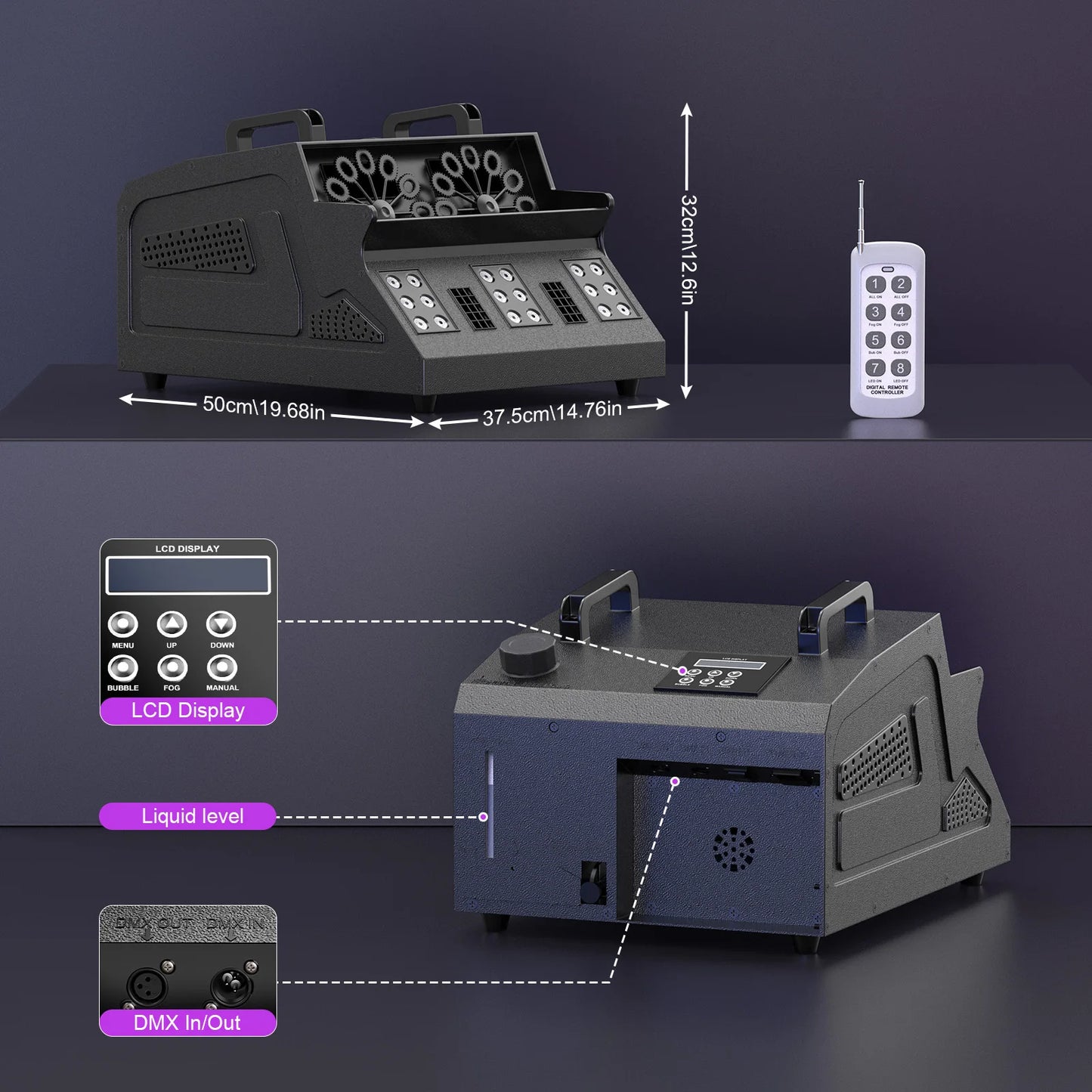 Yiflamefly 1500W Bubble Fog Machine 8 RGB 3IN1 LED Smoke Bubble Machine DMX Stage Light with Remote Control For DJ Wedding Party