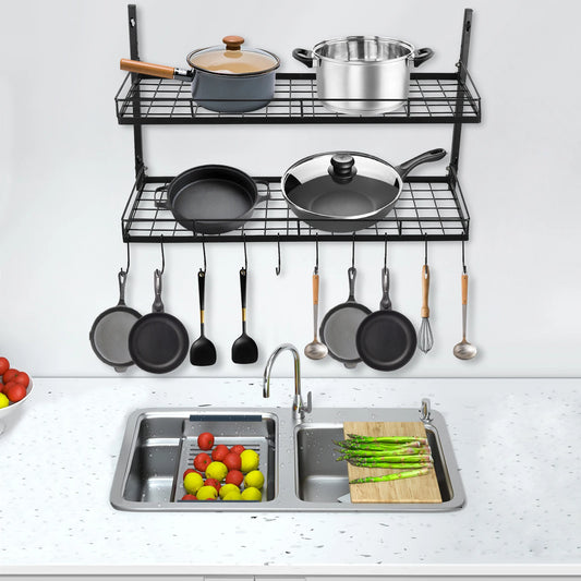 Wall Mounted Kitchen Rack 2 Tiers Iron, Pot and Pan Hanging Rack with 10 Hooks Kitchen Hanger for Pots 2-layer Storage Shelves