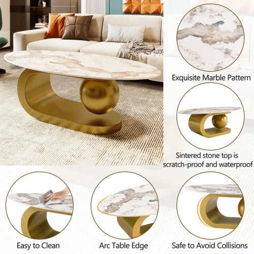 Modern Oval Coffee Table With Marble Pattern Sintered Stone Top Gold Base