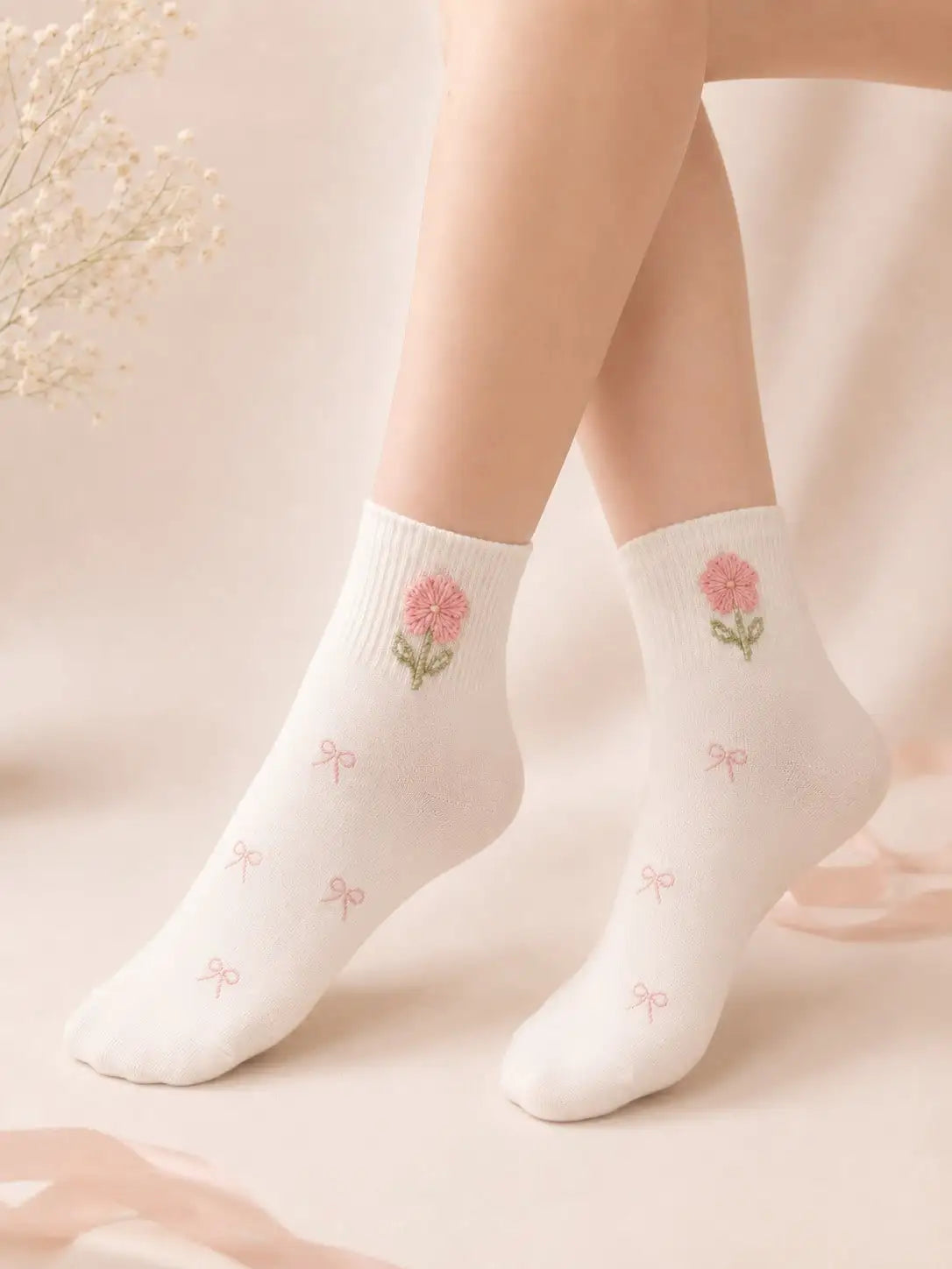 5 Pairs Women's Cute Bow & Floral Pattern Short Socks, Fashionable College Style, Comfortable & Breathable, Versatile For Daily, Sports, Casual Wear, Suitable For Spring, Summer, Autumn
