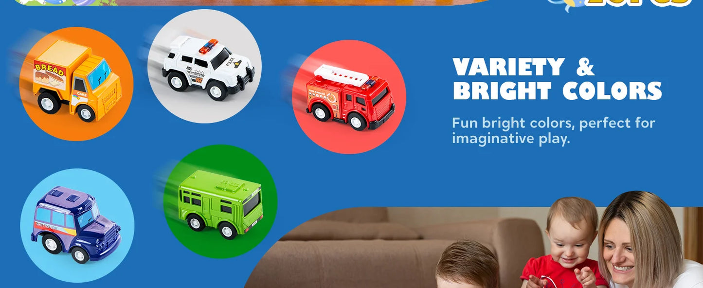 25 Pieces Pull Back Cars and Trucks Toy Vehicles Set for Toddlers Kids Play Set Die-Cast Car Party Favors School Gifts