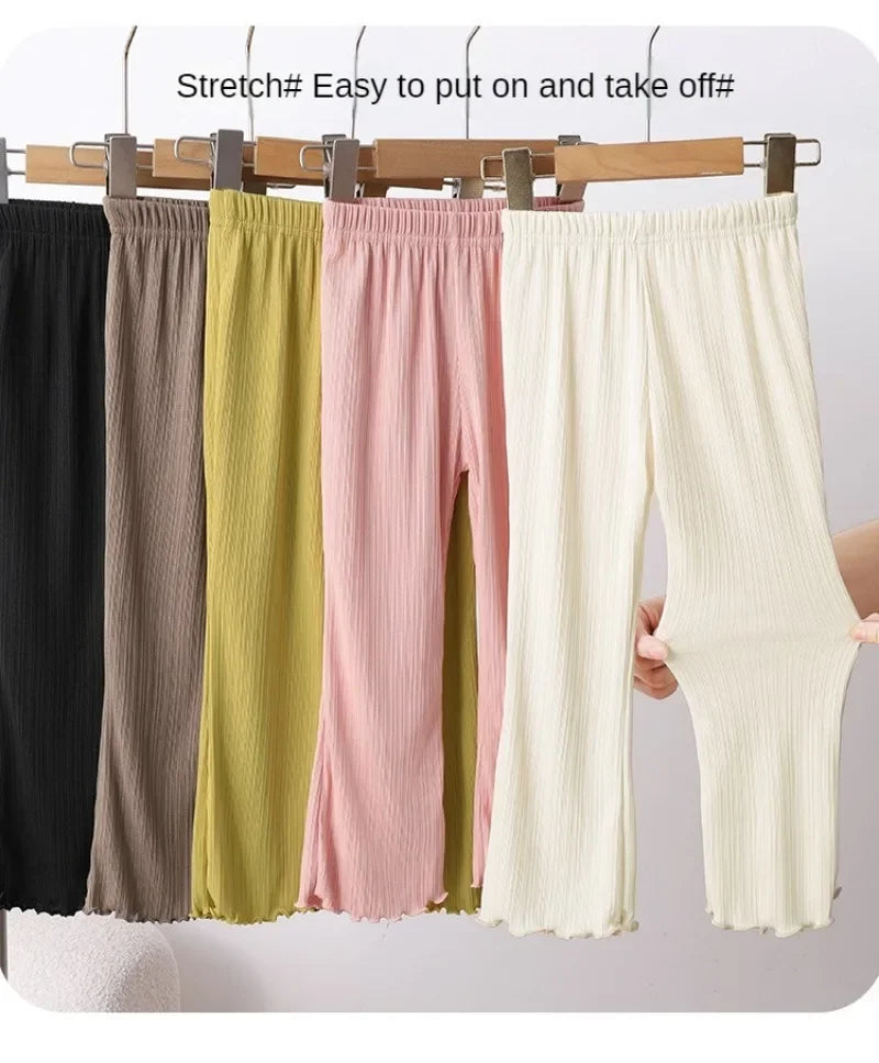 Children Summer Solid Color Thin Ribbed Knit Flared Pants Girls Casual Trousers Korea Fashion Pants Girl Princess Style Capris