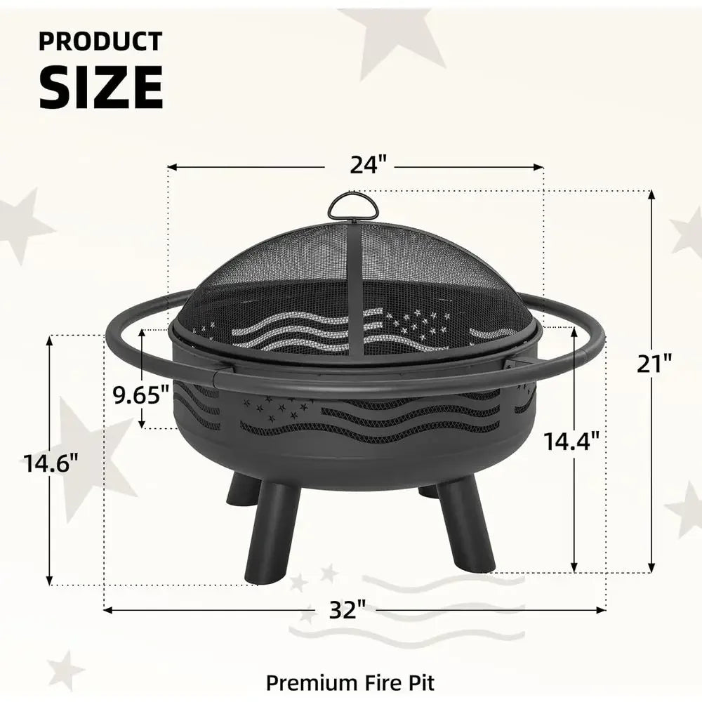 32 Inch Round Metal Wood Burning Fire Pit with Mesh Cover & Poker, Perfect for Outdoor Patio, Garden, Backyard Gatherings, Ideal