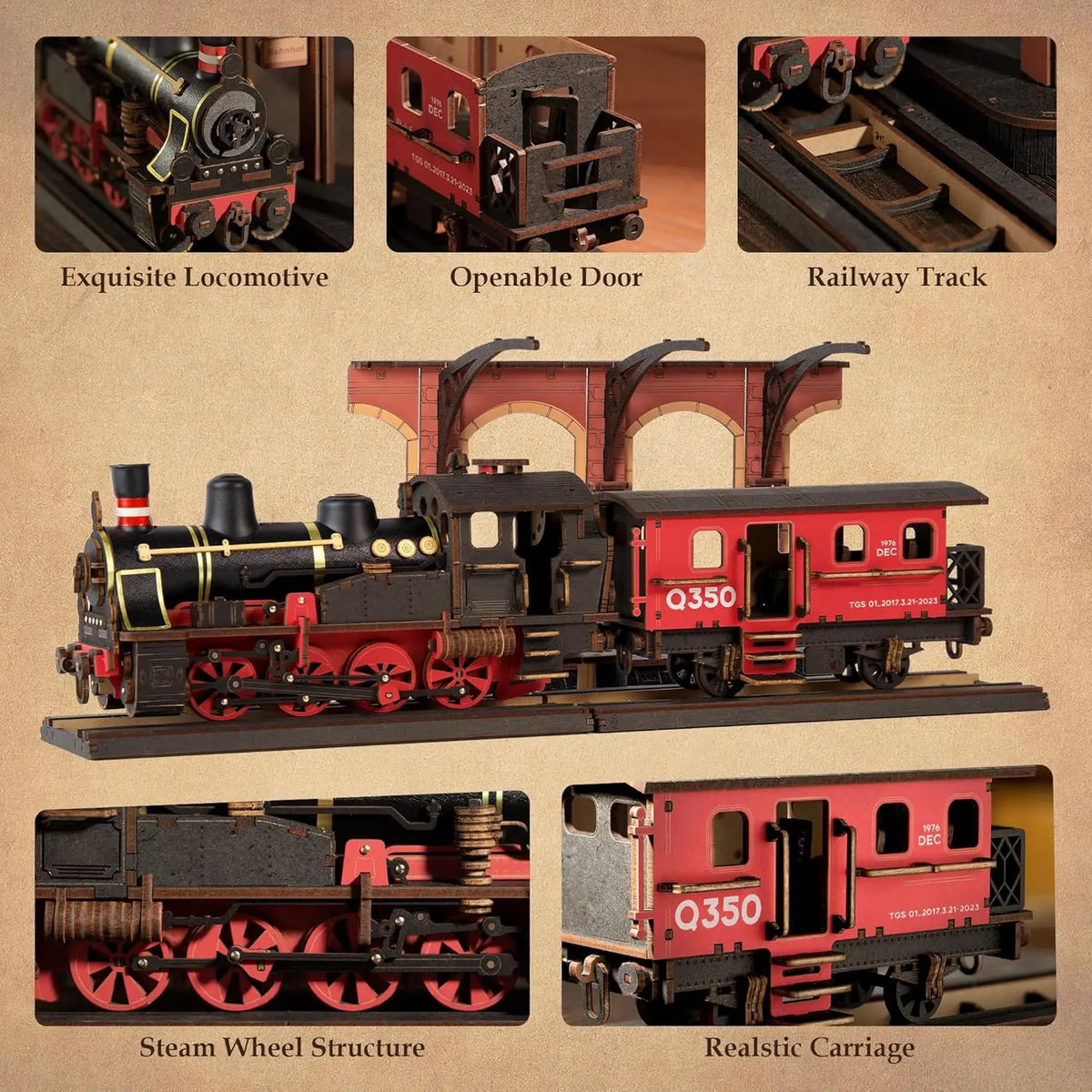 Rolife 3D Wooden Puzzle Steam Journey Mechanical Vehicle Model Building Kit DIY Puzzle Toys for Home Desk Decor Gifts for Adults